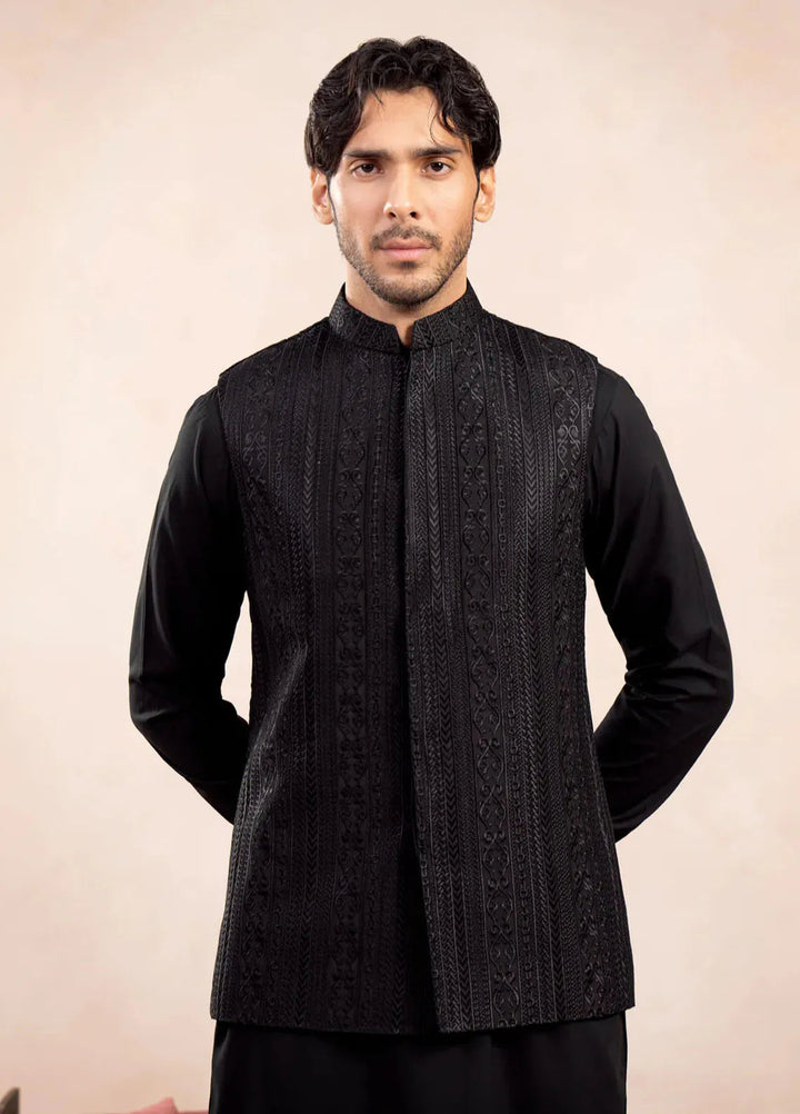 Muraqsh Raw Silk Embroidered Mens Kurta Trouser with Cross Stitched Waistcoat