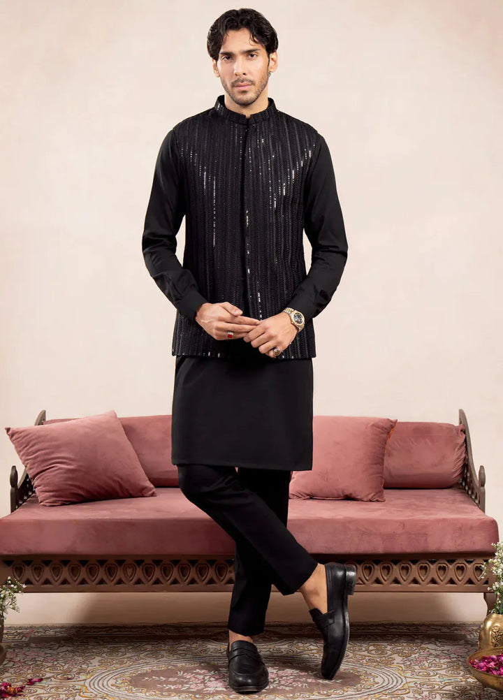 Muraqsh Raw Silk Embroidered Mens Kurta Trouser with Falling Arrow Waistcoat