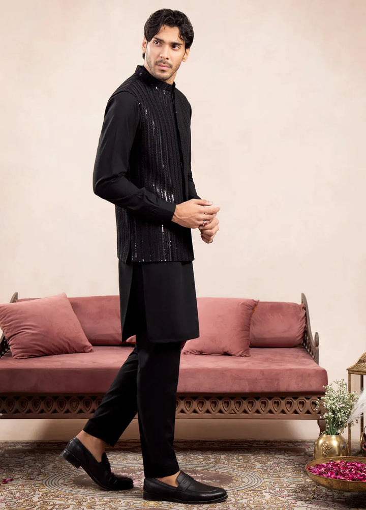 Muraqsh Raw Silk Embroidered Mens Kurta Trouser with Falling Arrow Waistcoat