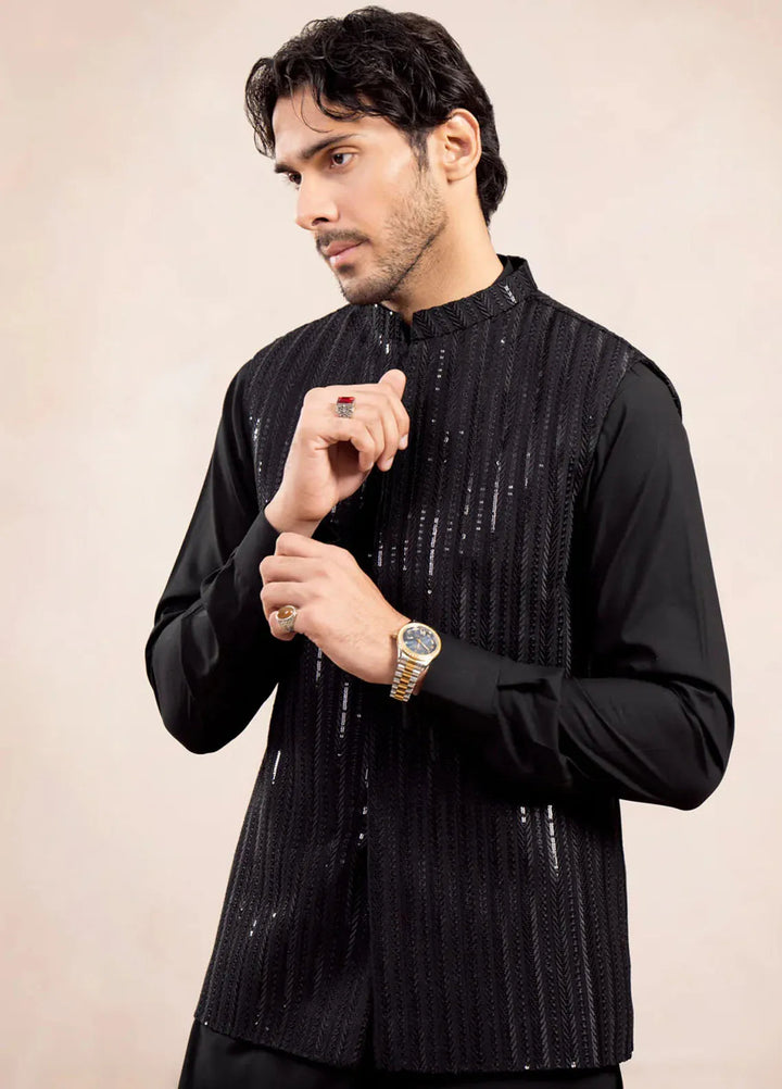 Muraqsh Raw Silk Embroidered Mens Kurta Trouser with Falling Arrow Waistcoat