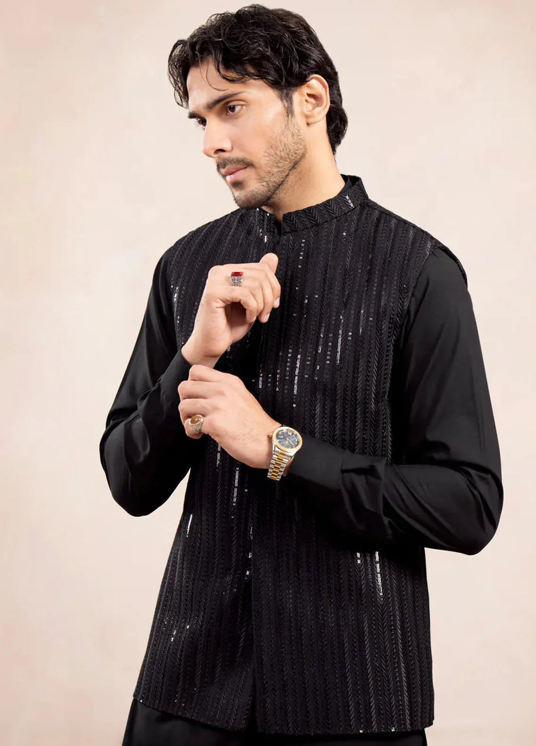 Muraqsh Raw Silk Embroidered Mens Kurta Trouser with Falling Arrow Waistcoat