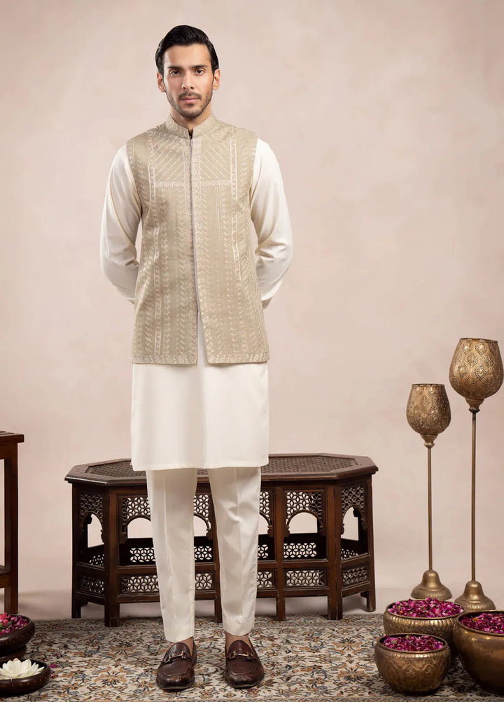 Muraqsh Raw Silk Embroidered Mens Kurta Trouser with Royal Mint Waistcoat