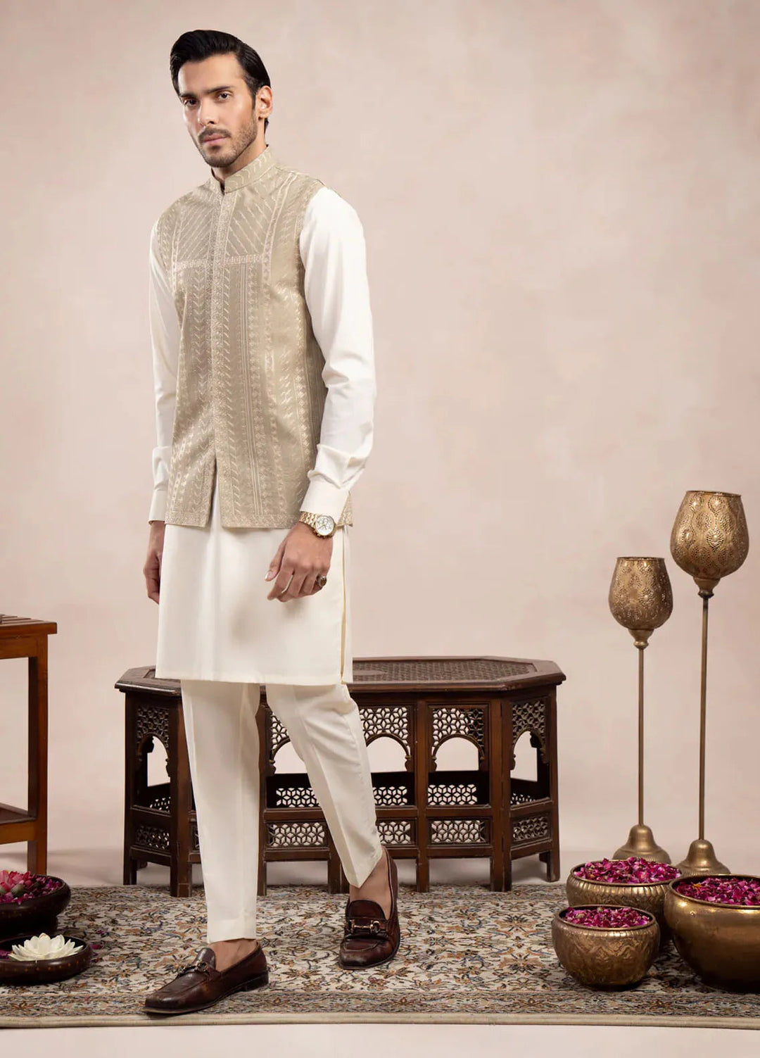 Muraqsh Raw Silk Embroidered Mens Kurta Trouser with Royal Mint Waistcoat