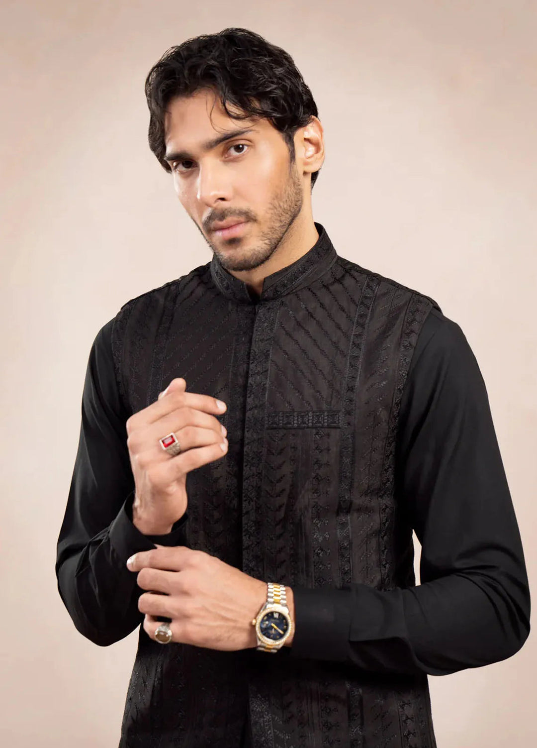 Muraqsh Raw Silk Embroidered Mens Kurta Trouser with Royal Waistcoat