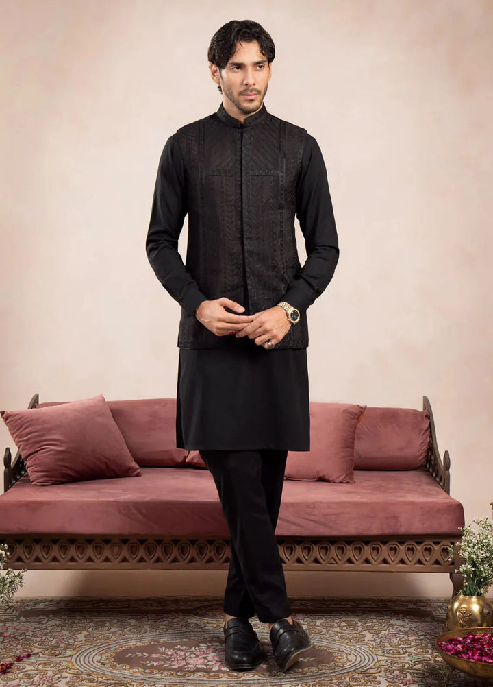 Muraqsh Raw Silk Embroidered Mens Kurta Trouser with Royal Waistcoat