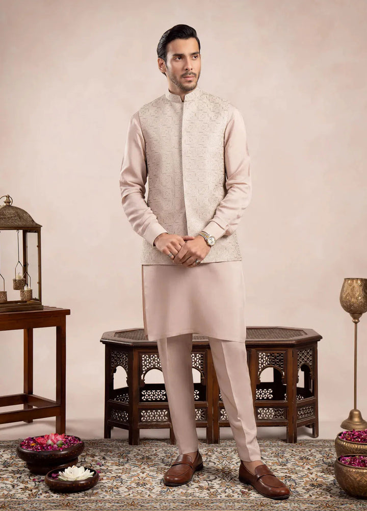 Muraqsh Raw Silk Embroidered Mens Kurta Trouser with Square Waistcoat