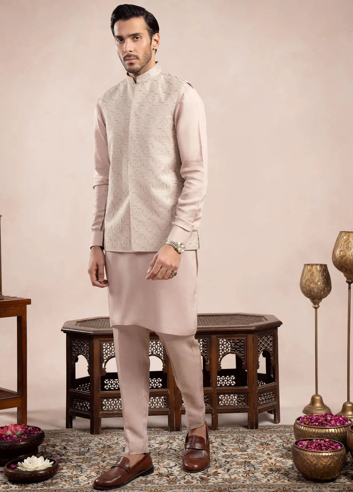 Muraqsh Raw Silk Embroidered Mens Kurta Trouser with Square Waistcoat
