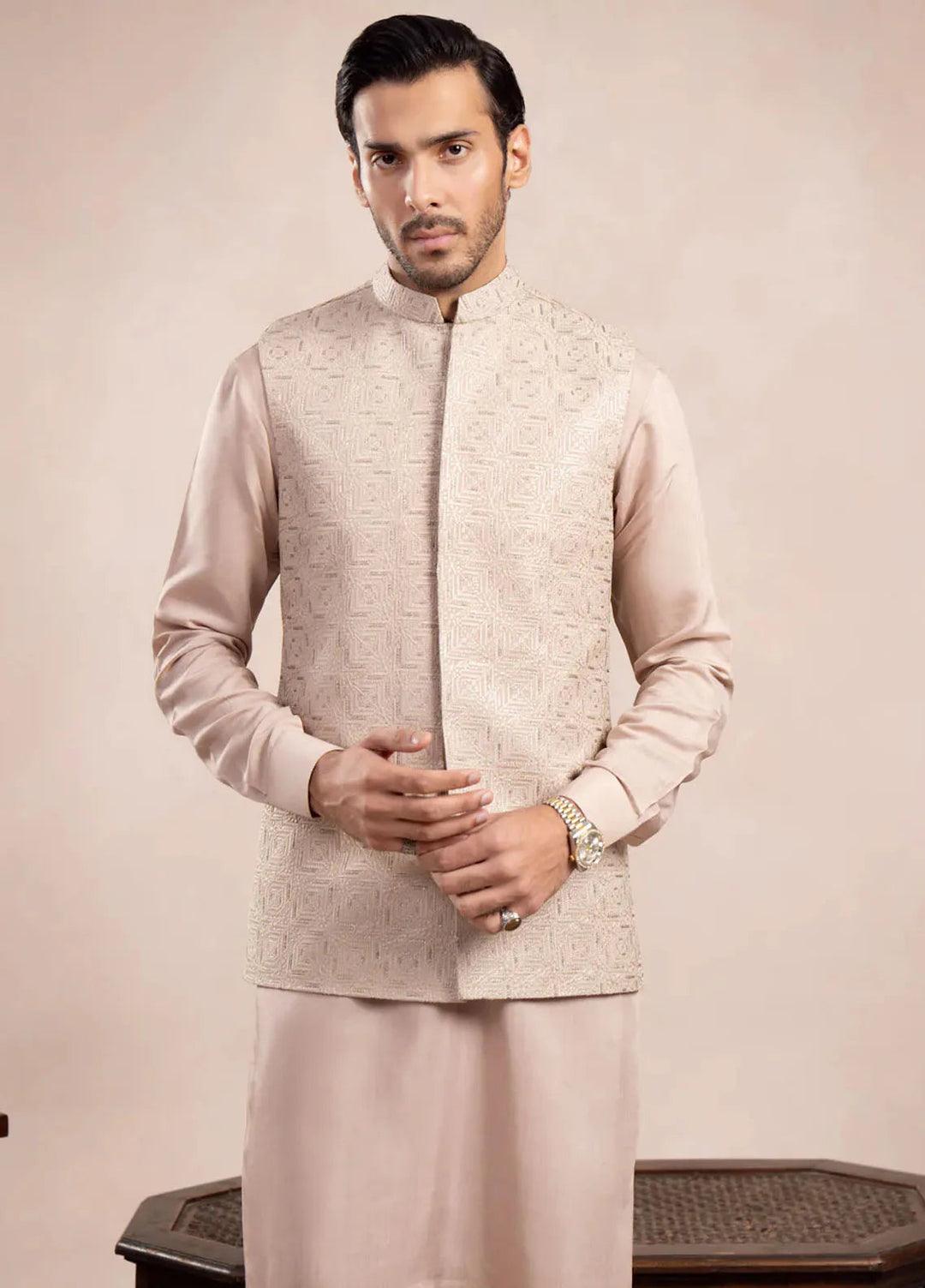 Muraqsh Raw Silk Embroidered Mens Kurta Trouser with Square Waistcoat
