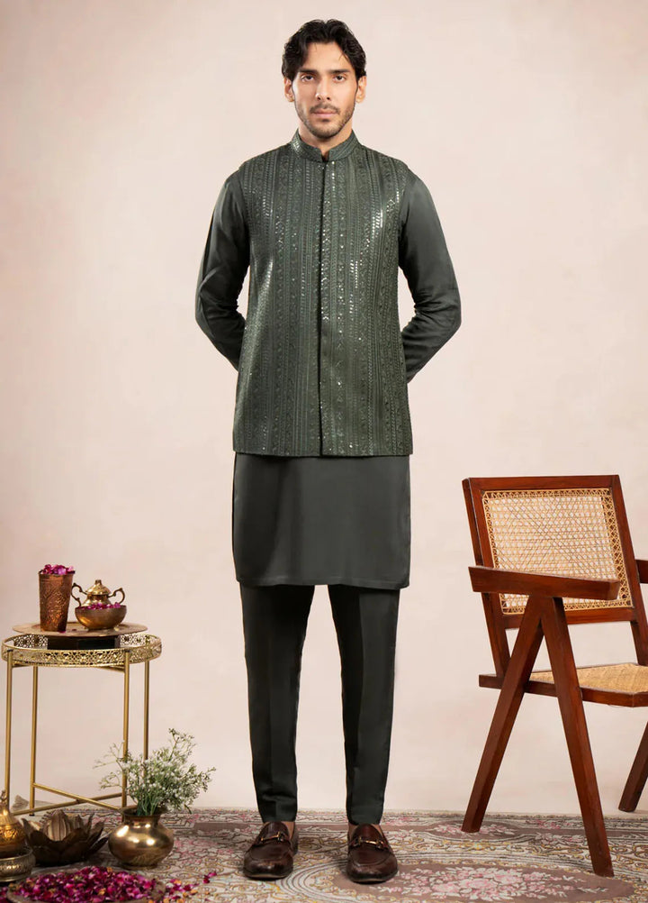 Muraqsh Raw Silk Embroidered Mens Olive Kurta Trouser with Falling Waistcoat