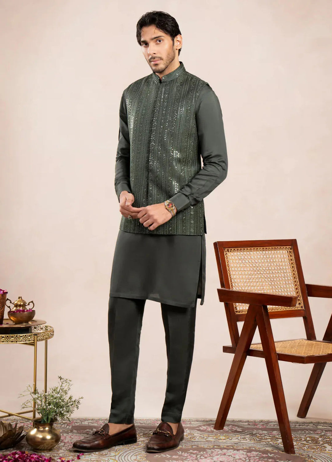 Muraqsh Raw Silk Embroidered Mens Olive Kurta Trouser with Falling Waistcoat