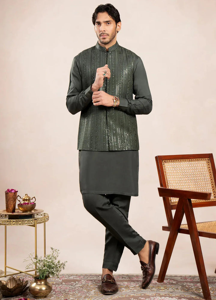 Muraqsh Raw Silk Embroidered Mens Olive Kurta Trouser with Falling Waistcoat
