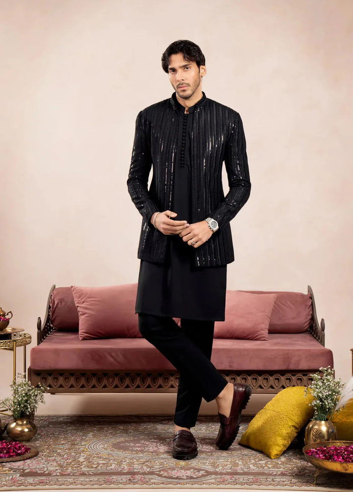 Muraqsh Raw Silk Embroidered Mens Open Prince Coat - Arrow Sequin