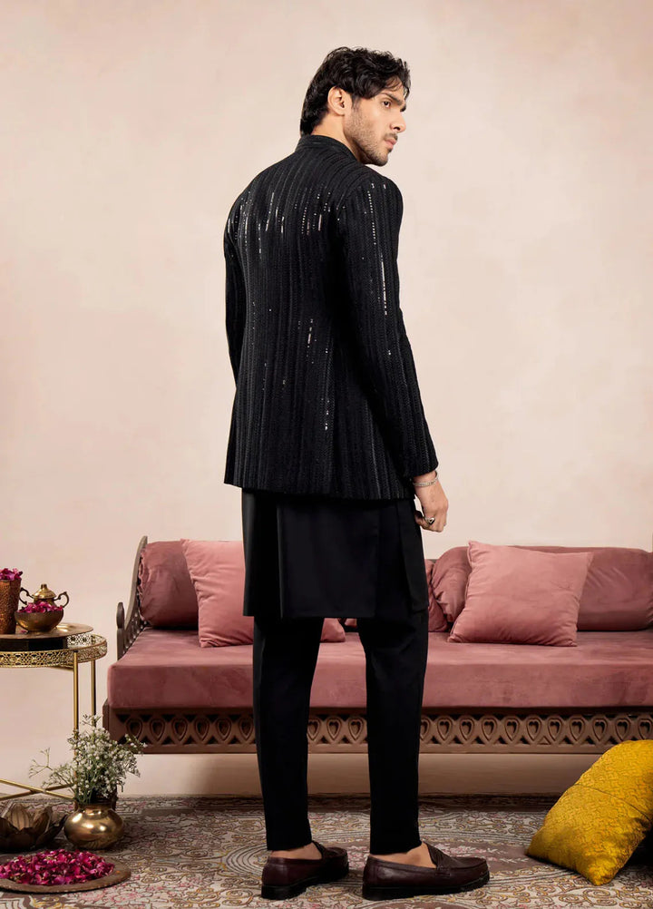 Muraqsh Raw Silk Embroidered Mens Open Prince Coat - Arrow Sequin