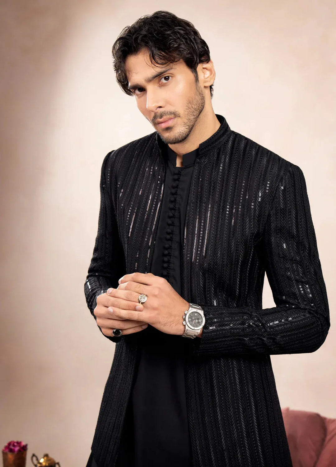 Muraqsh Raw Silk Embroidered Mens Open Prince Coat - Arrow Sequin