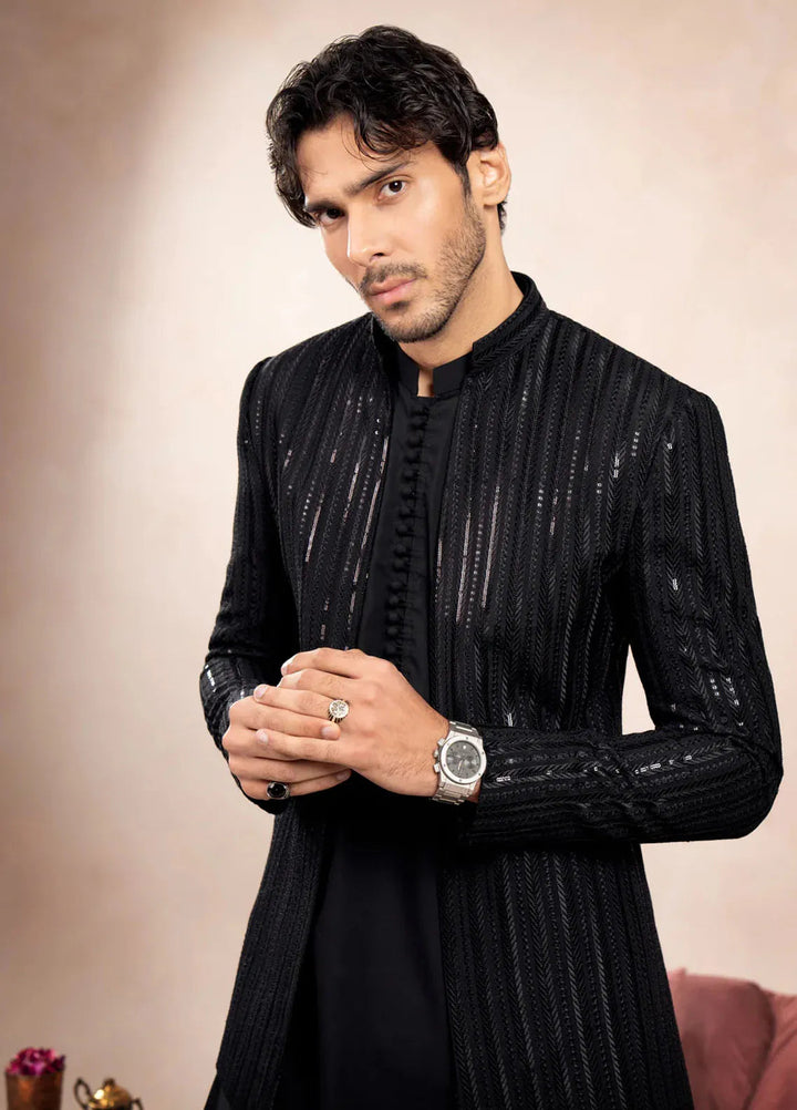 Muraqsh Raw Silk Embroidered Mens Open Prince Coat - Arrow Sequin