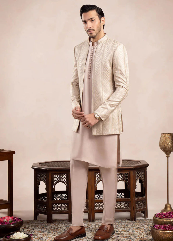 Muraqsh Raw Silk Embroidered Mens Open Prince Coat - Arrow