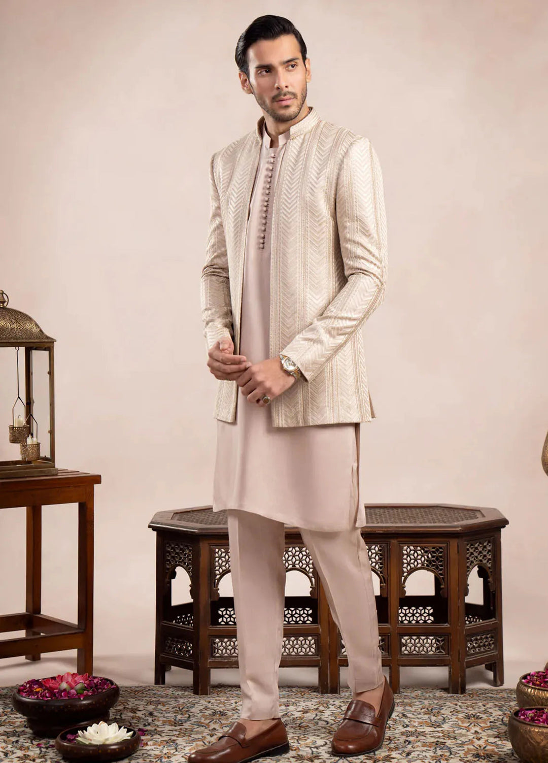 Muraqsh Raw Silk Embroidered Mens Open Prince Coat - Arrow