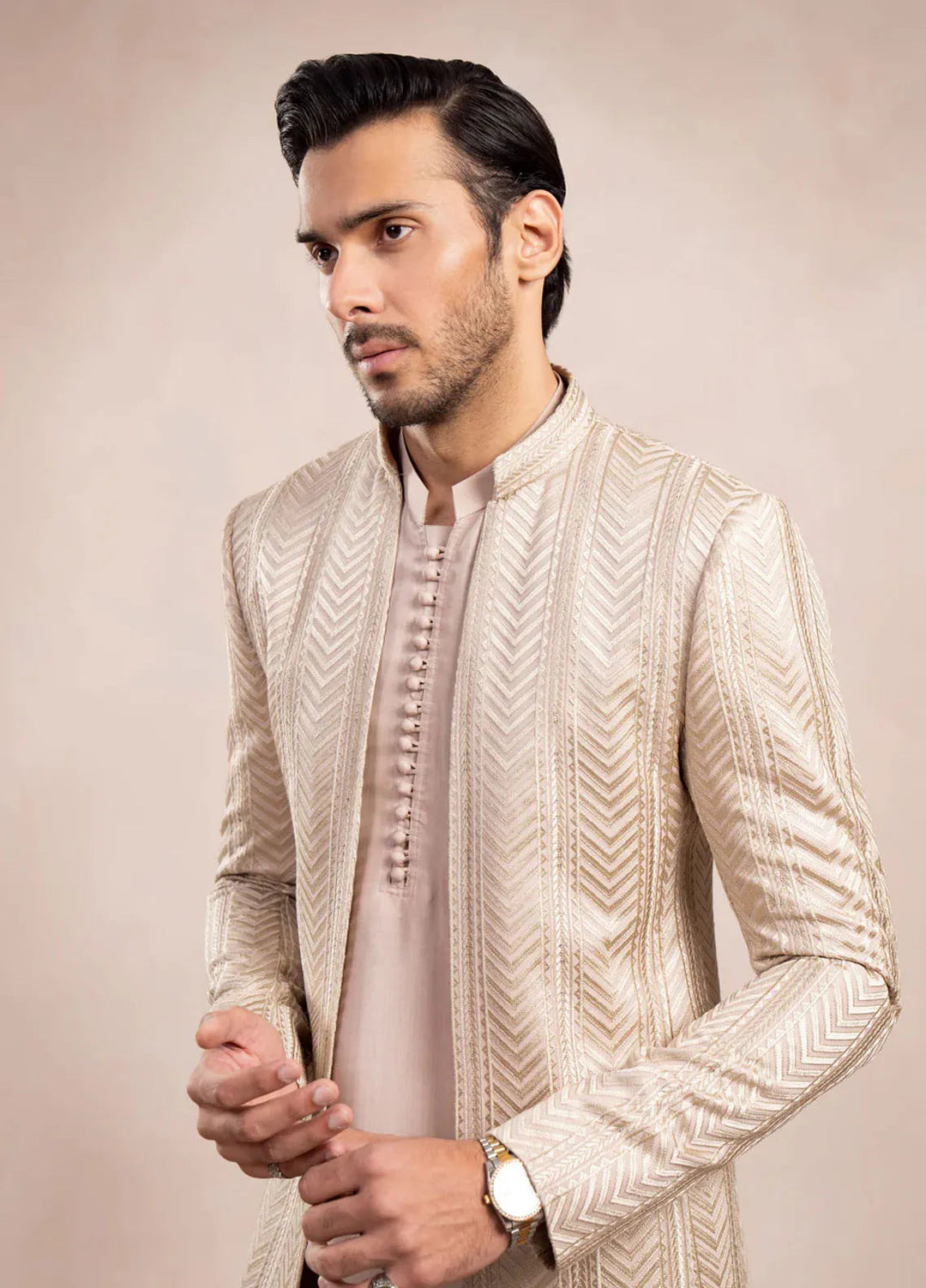 Muraqsh Raw Silk Embroidered Mens Open Prince Coat - Arrow