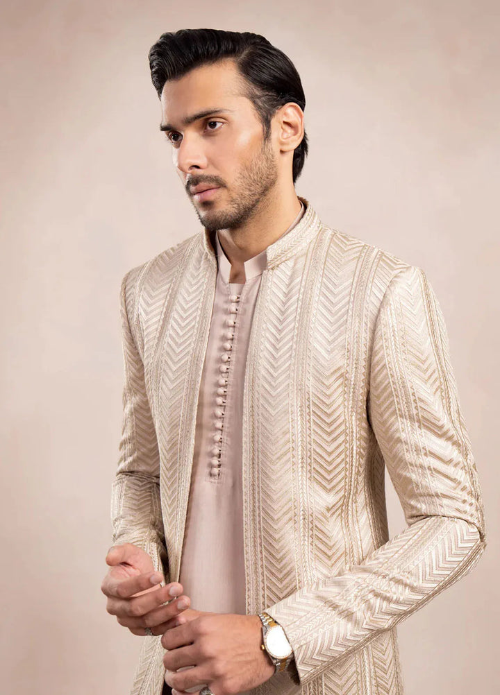 Muraqsh Raw Silk Embroidered Mens Open Prince Coat - Arrow