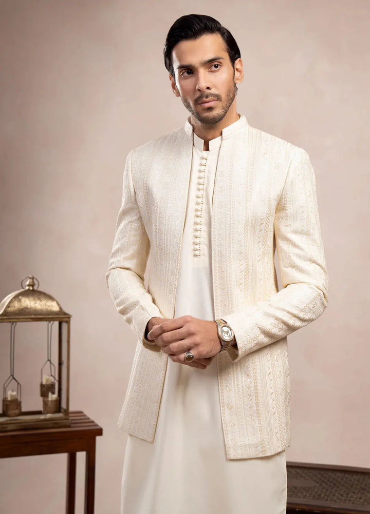 Muraqsh Raw Silk Embroidered Mens Open Prince Coat - Bosky Falling