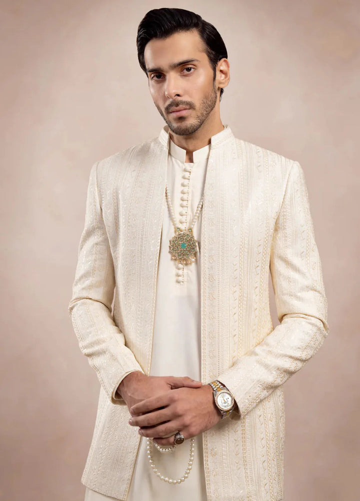 Muraqsh Raw Silk Embroidered Mens Open Prince Coat - Bosky Falling