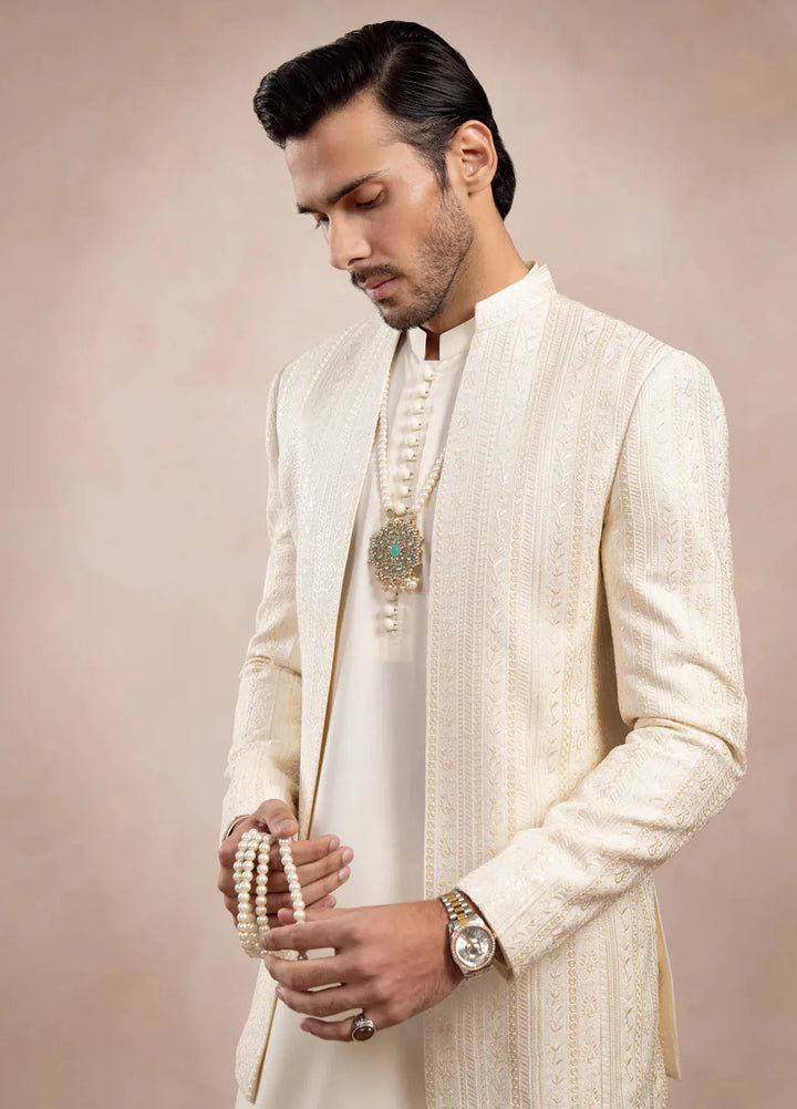 Muraqsh Raw Silk Embroidered Mens Open Prince Coat - Bosky Falling