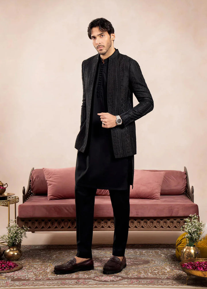 Muraqsh Raw Silk Embroidered Mens Open Prince Coat - Cross Stitched