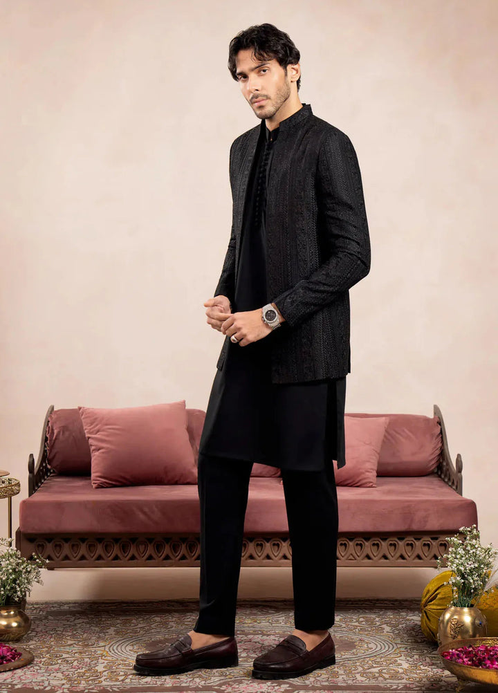 Muraqsh Raw Silk Embroidered Mens Open Prince Coat - Cross Stitched