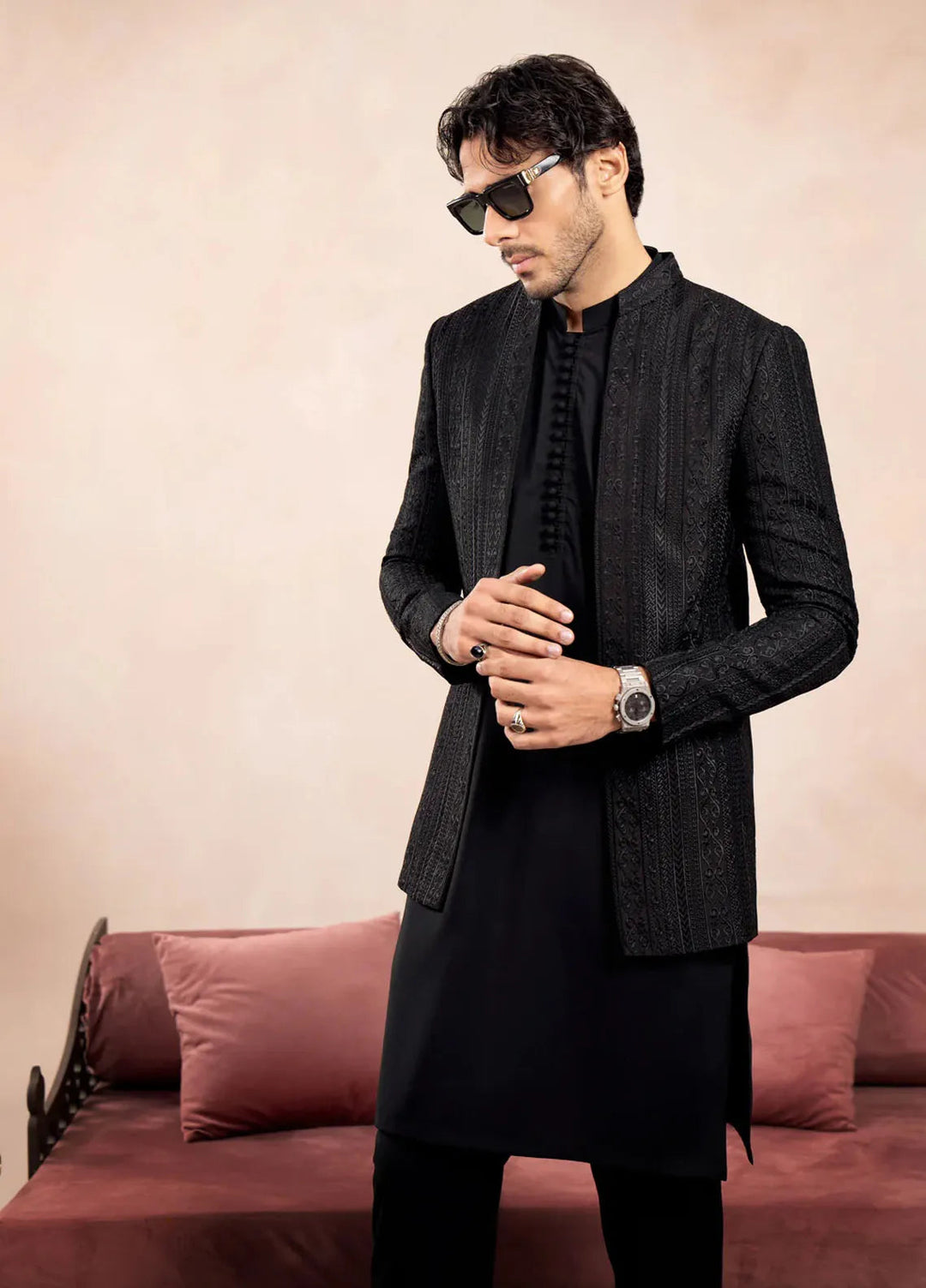 Muraqsh Raw Silk Embroidered Mens Open Prince Coat - Cross Stitched