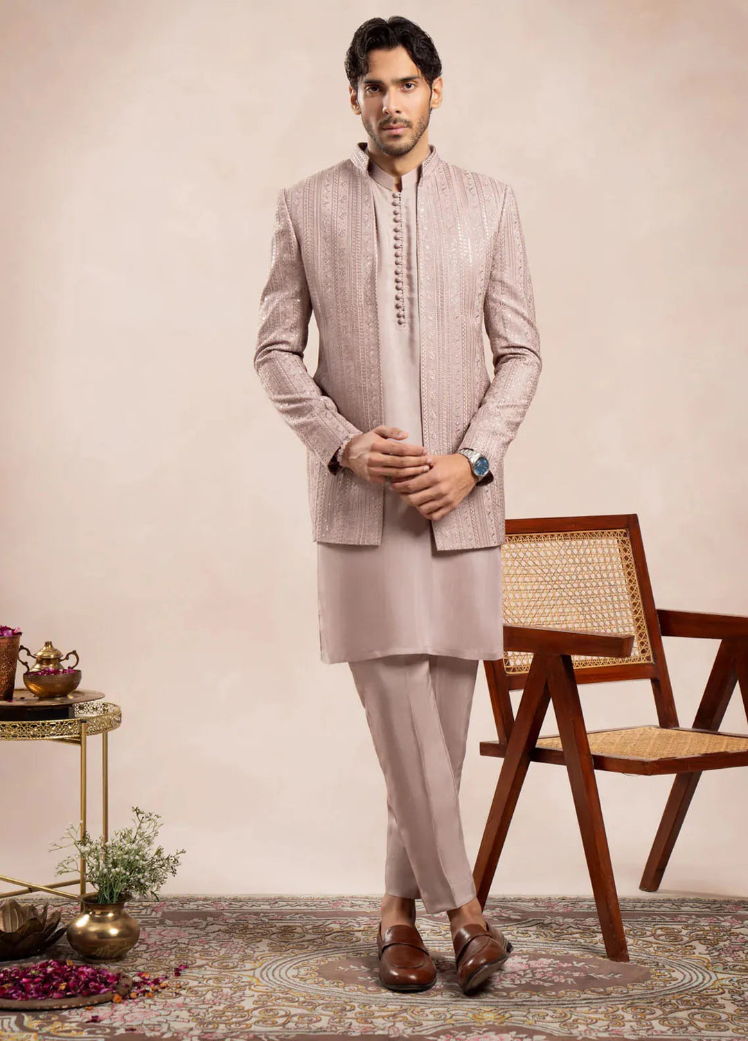 Muraqsh Raw Silk Embroidered Mens Open Prince Coat - Falling