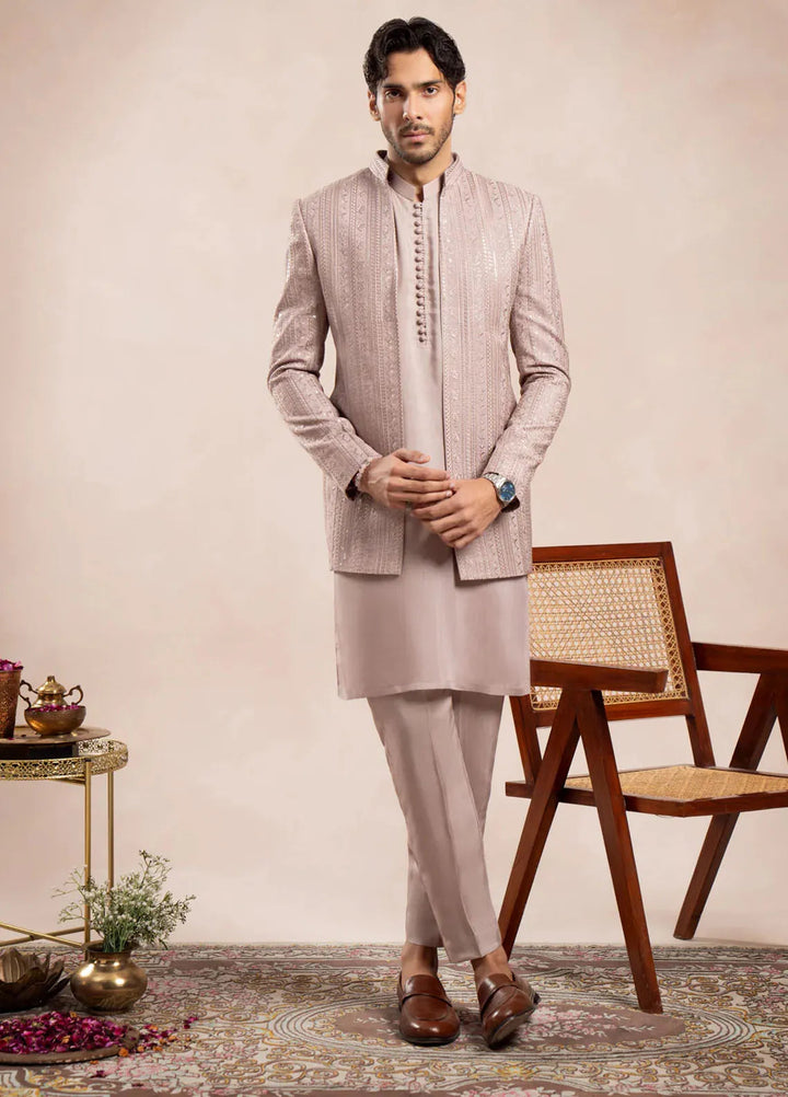 Muraqsh Raw Silk Embroidered Mens Open Prince Coat - Falling