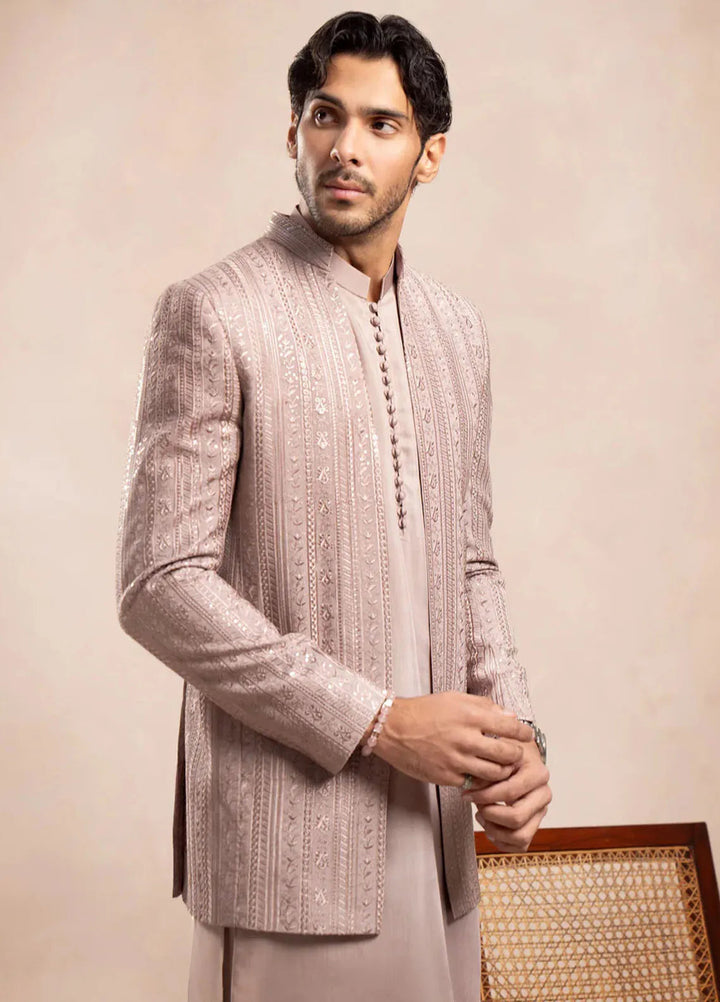 Muraqsh Raw Silk Embroidered Mens Open Prince Coat - Falling