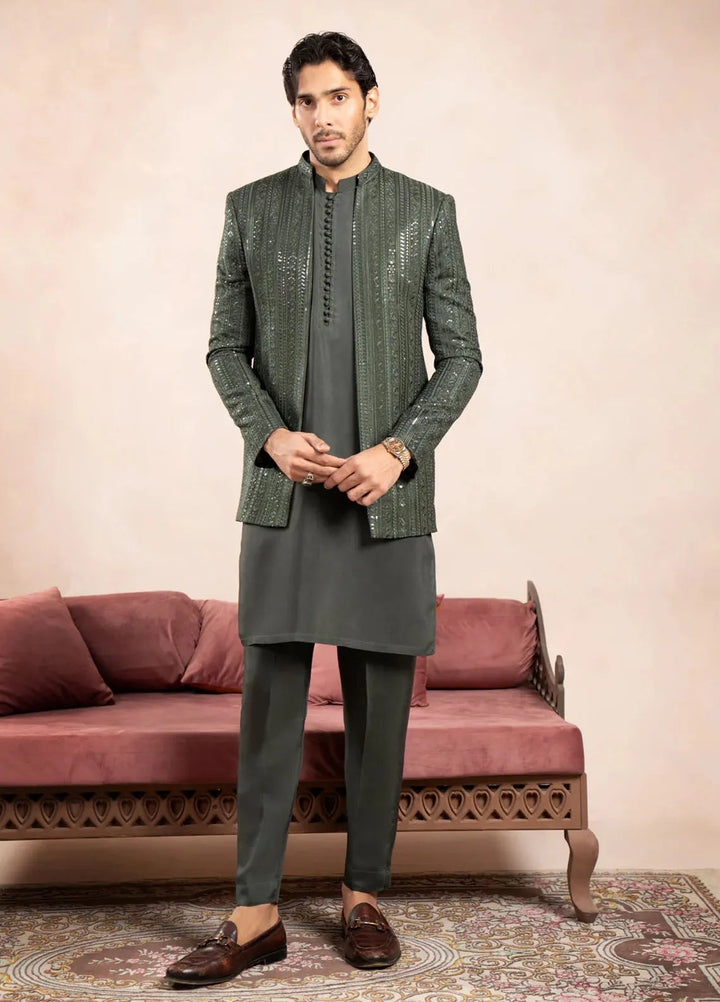 Muraqsh Raw Silk Embroidered Mens Open Prince Coat - Olive Falling