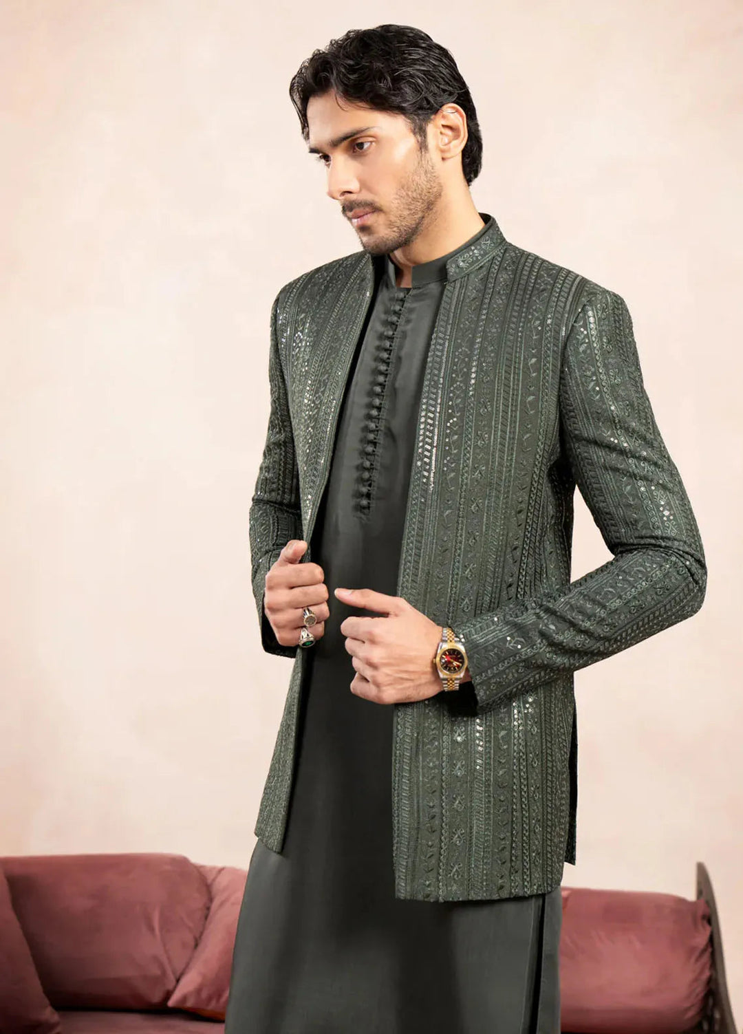 Muraqsh Raw Silk Embroidered Mens Open Prince Coat - Olive Falling