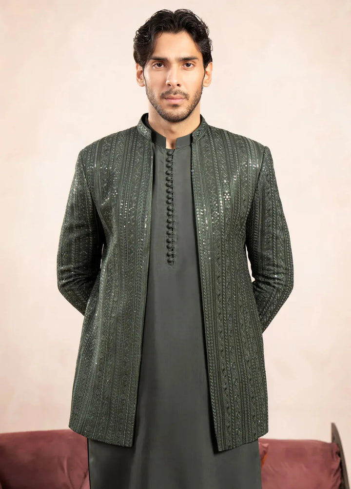 Muraqsh Raw Silk Embroidered Mens Open Prince Coat - Olive Falling