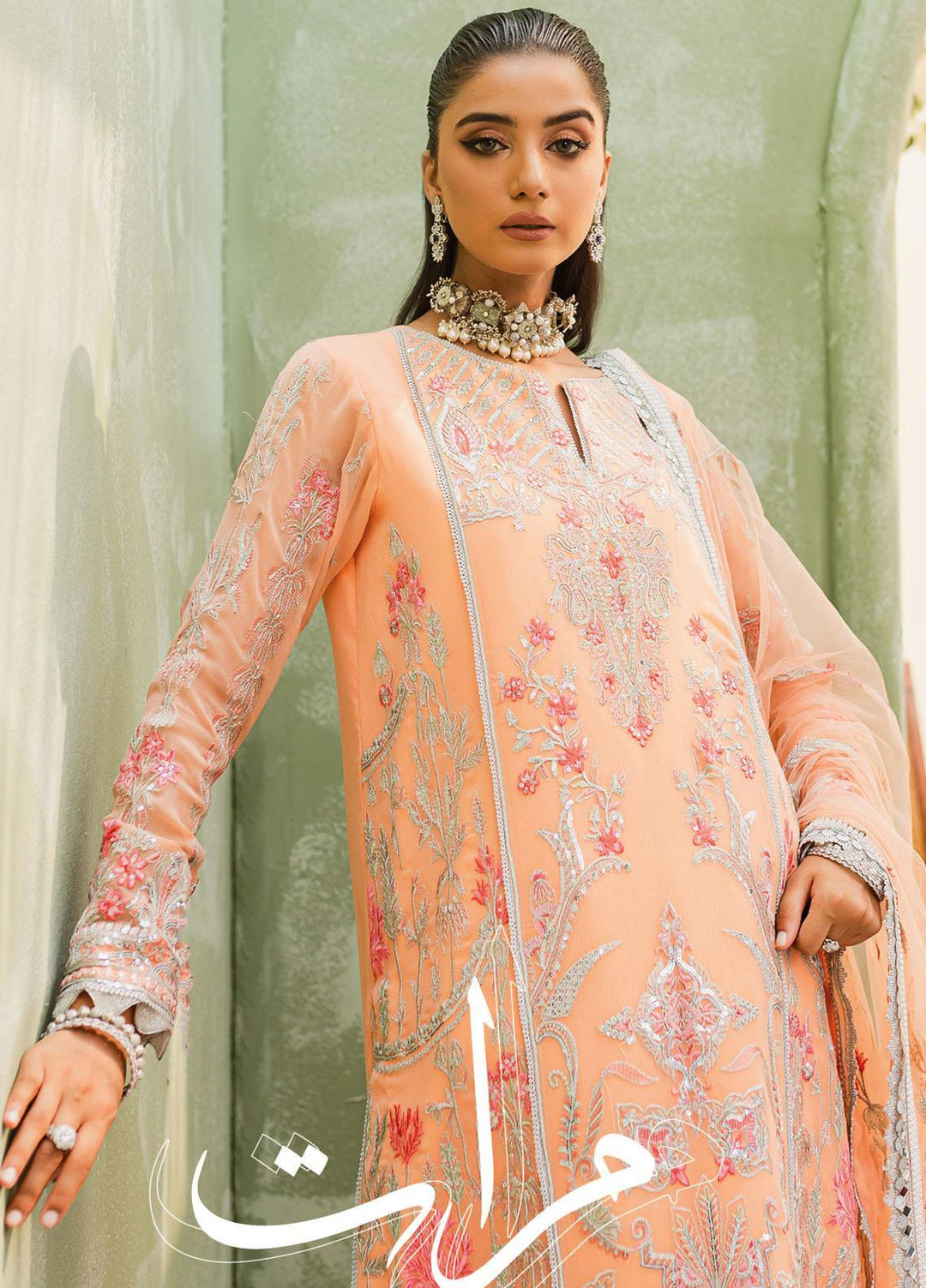 Murat By Freesia Premium Embroidered Chiffon Suits Unstitched 3 Piece FRE23MU FFD-0114 Pale Peach - Festive Collection