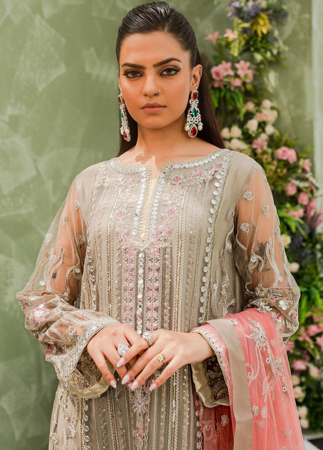 Murat By Freesia Premium Embroidered Chiffon Suits Unstitched 3 Piece FRE23MU FFD-0115 Desert Sage - Festive Collection