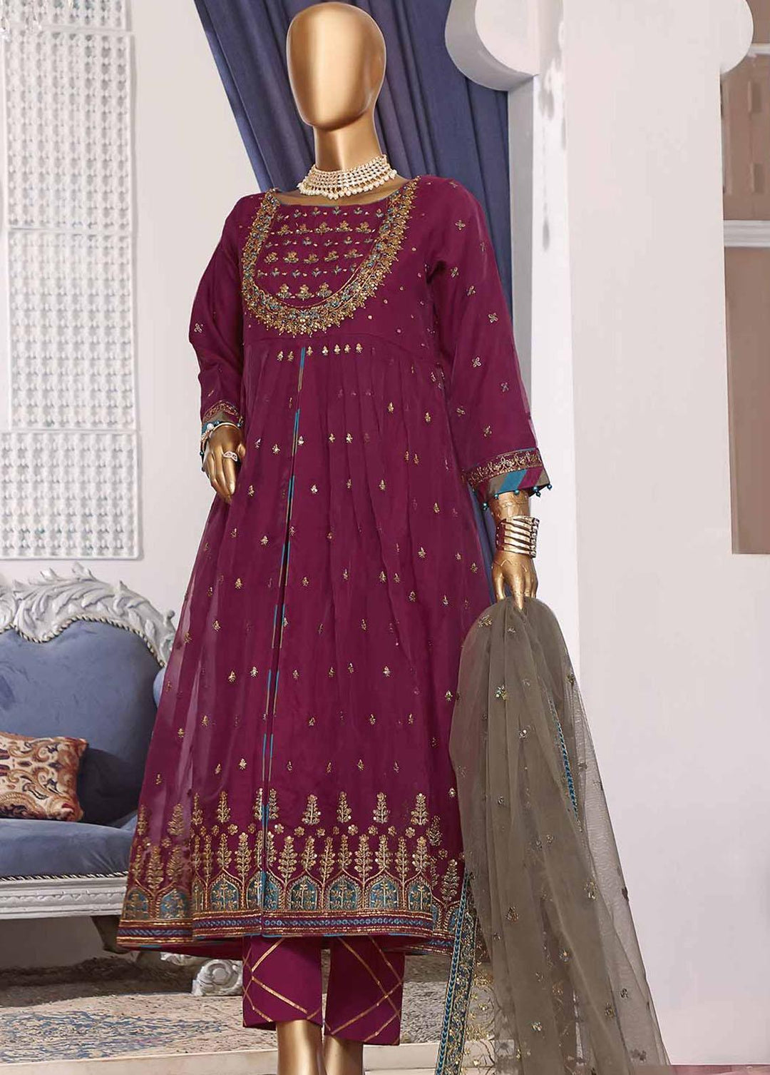 Muse By HZ Textiles Embroidered Organza Suits Unstitched 3 Piece HZ22M 07 Kesar - Luxury Collection