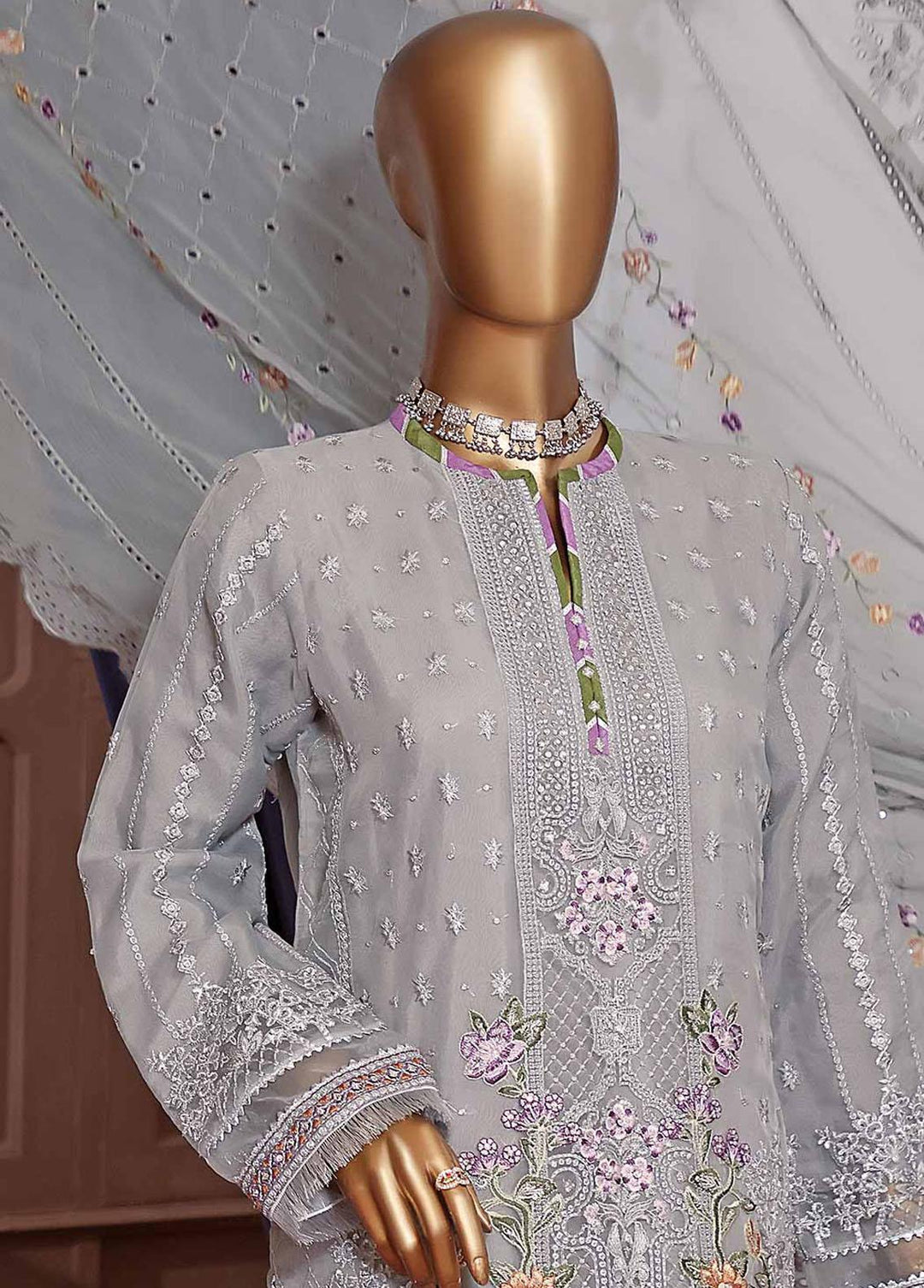 Muse By HZ Textiles Embroidered Organza Suits Unstitched 3 Piece HZ22M 09 Surmai - Luxury Collection