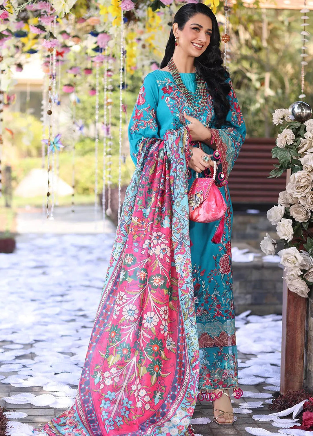 Musferah Saad Embroidered Lawn Suits Unstitched 3 Piece MFS25PG Celestia - Luxury Collection