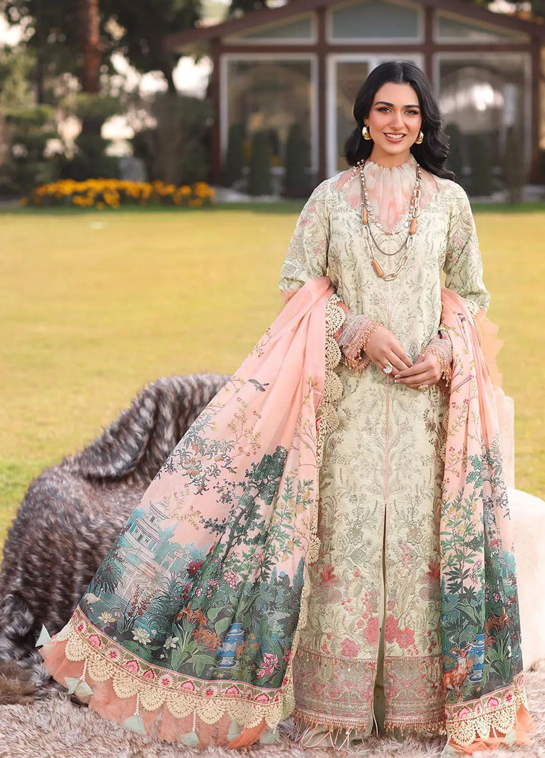 Musferah Saad Embroidered Lawn Suits Unstitched 3 Piece MFS25PG Lilia - Luxury Collection