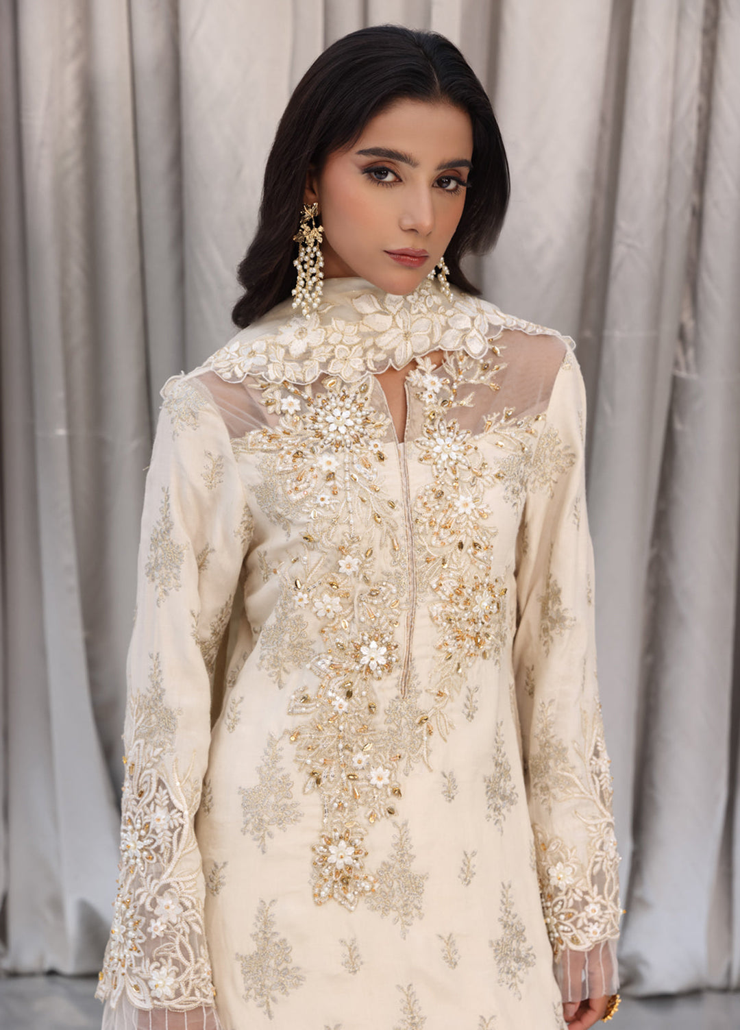 Musferah Saad Pret Embroidered Raw Silk 3 Piece Suit Ivory Muse