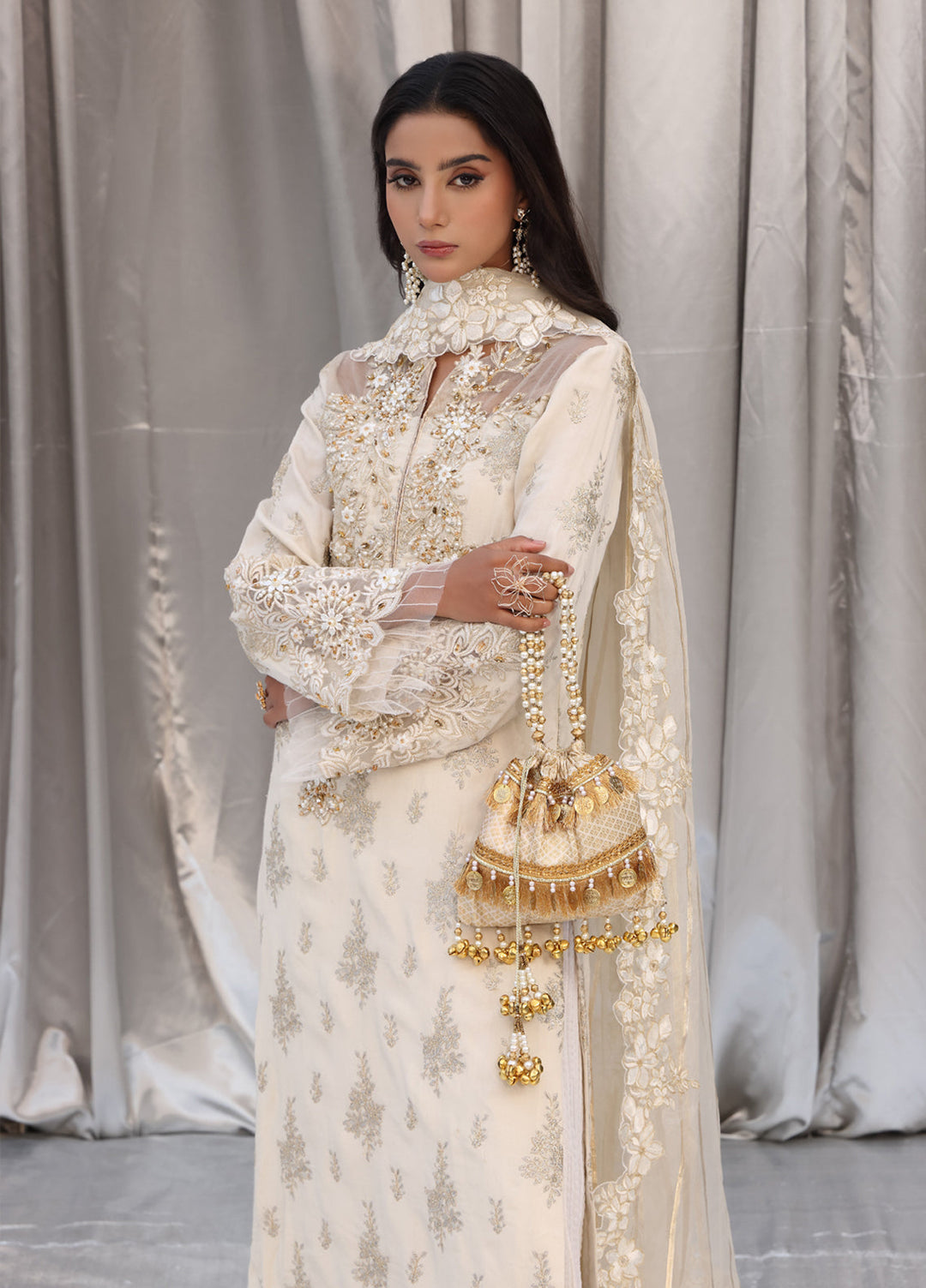 Musferah Saad Pret Embroidered Raw Silk 3 Piece Suit Ivory Muse