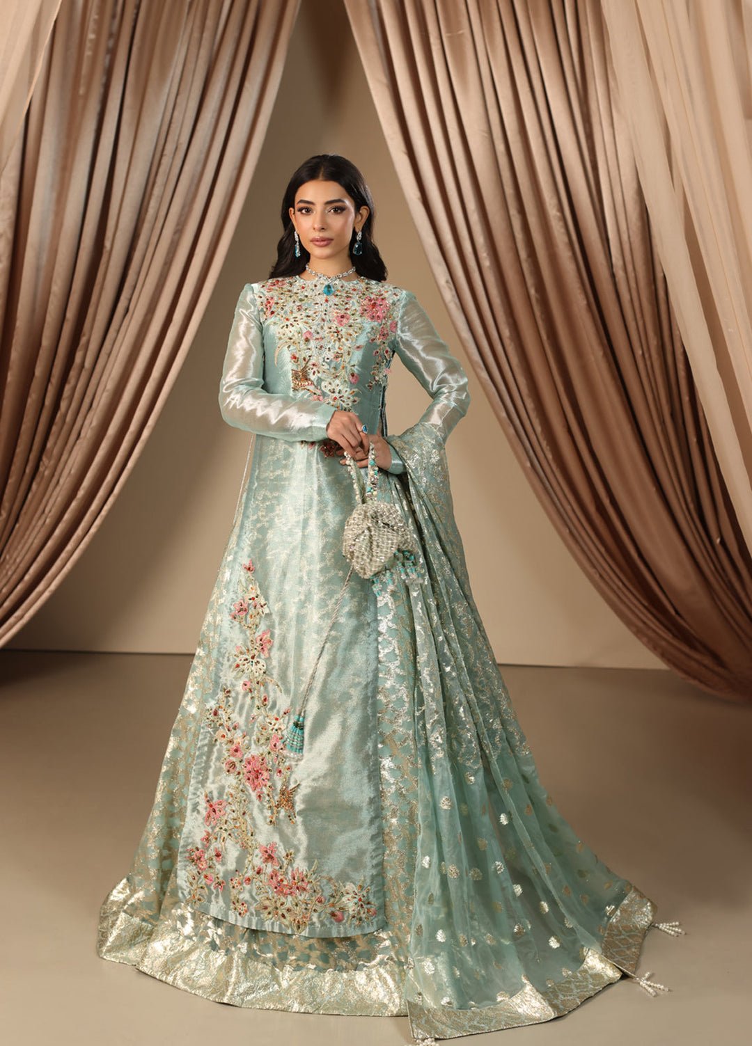 Musferah Saad Pret Embroidered Tissue Peshwas Aqua Princess