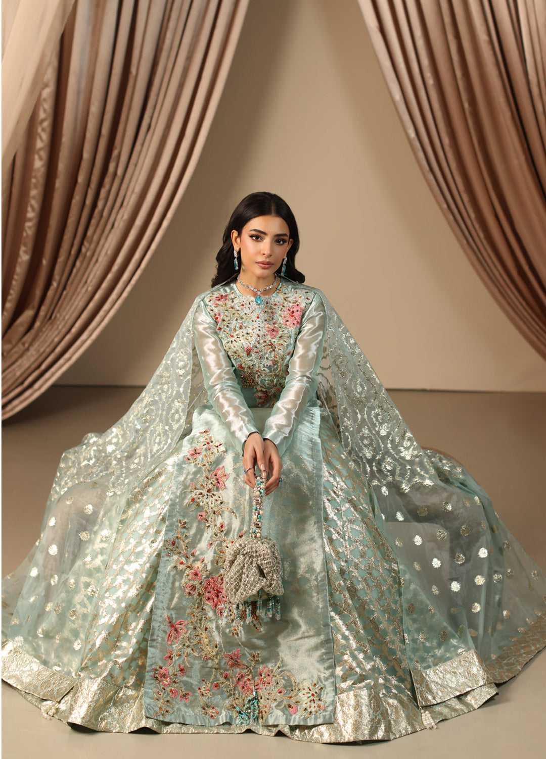 Musferah Saad Pret Embroidered Tissue Peshwas Aqua Princess
