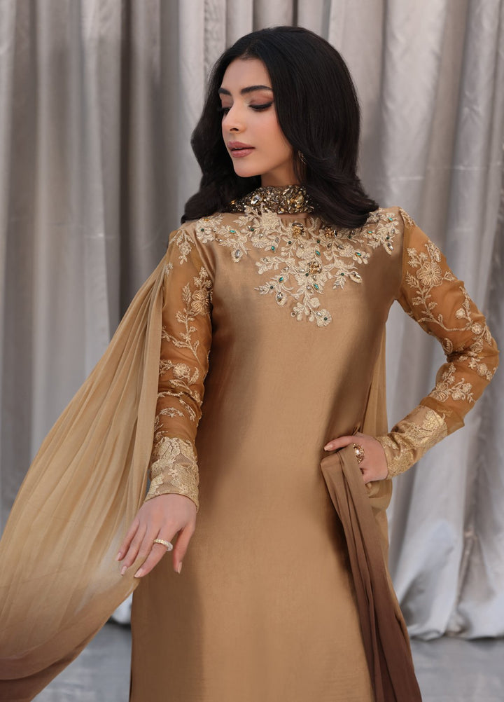 Musferah Saad Pret Embroidered Tissue Silk 3 Piece Suit Goldess