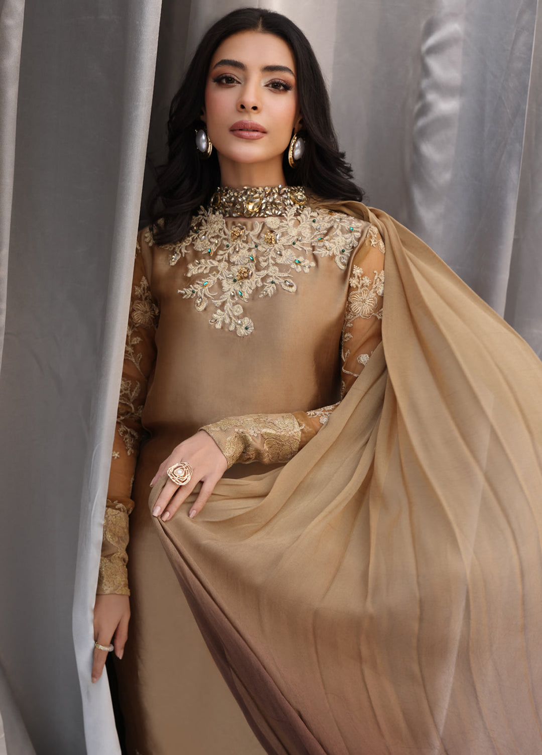 Musferah Saad Pret Embroidered Tissue Silk 3 Piece Suit Goldess