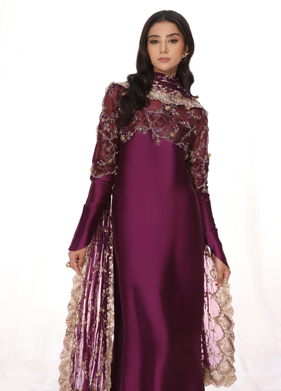 Musferah Saad Pret Embroidered Tissue Silk 3 Piece Suit Mauve Magic