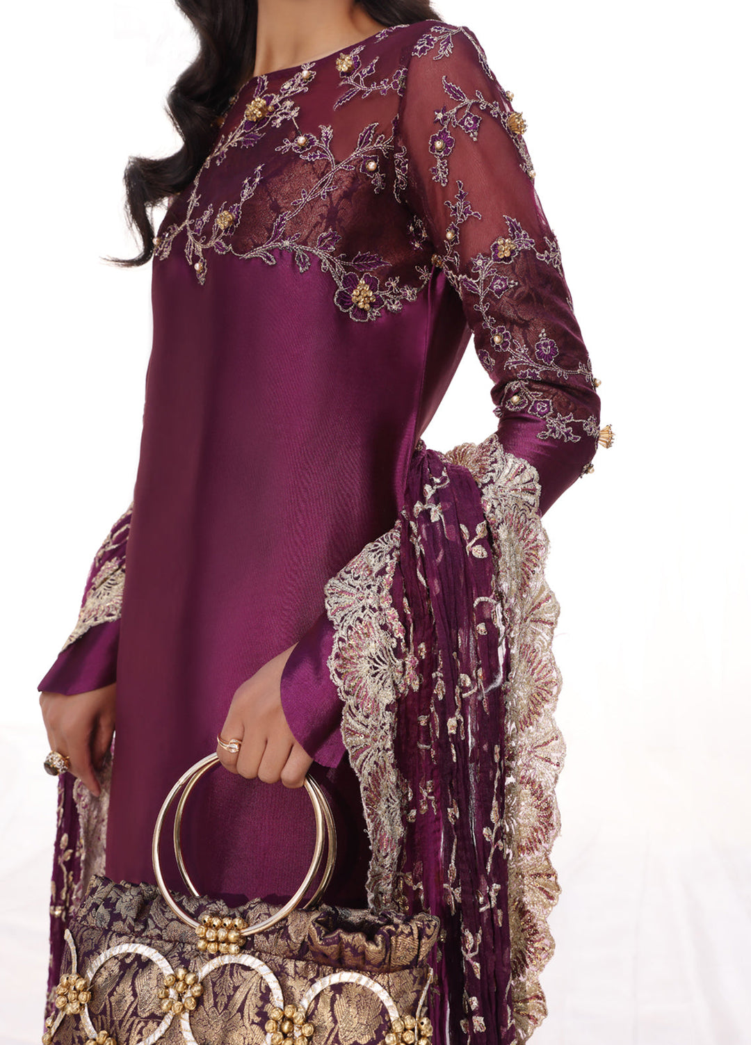 Musferah Saad Pret Embroidered Tissue Silk 3 Piece Suit Mauve Magic