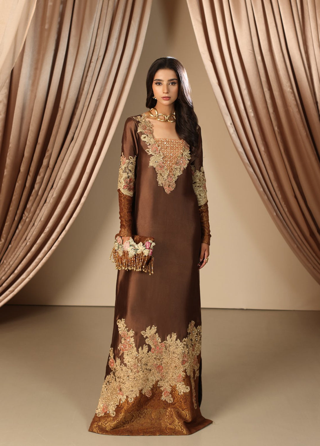 Musferah Saad Pret Embroidered Tissue Silk Kaftan Mocha Romance
